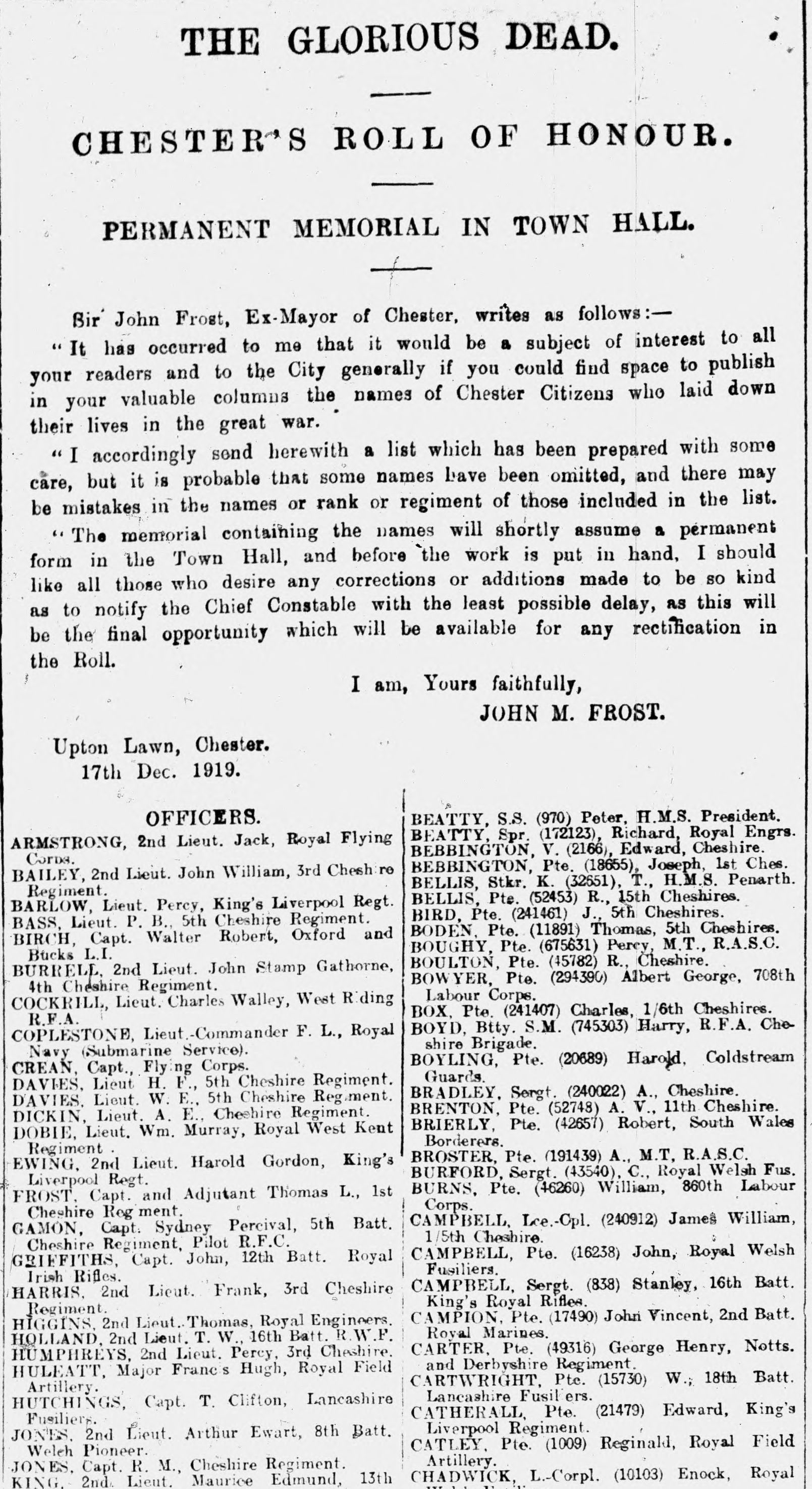 Chester's Roll of Honour Newspaper Clipping