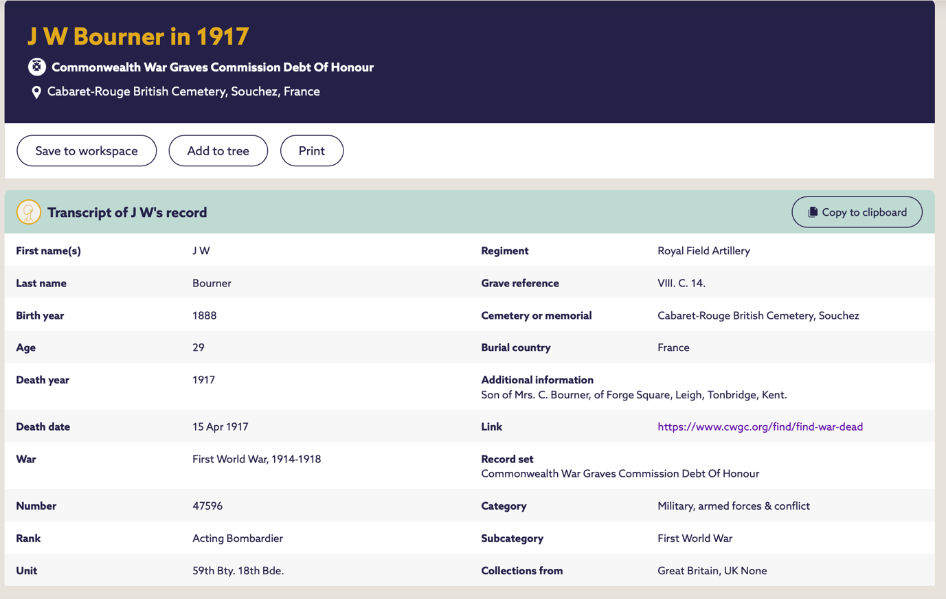 J W Bourner in 1917: Commonwealth War Graves Commission Debt Of Honour