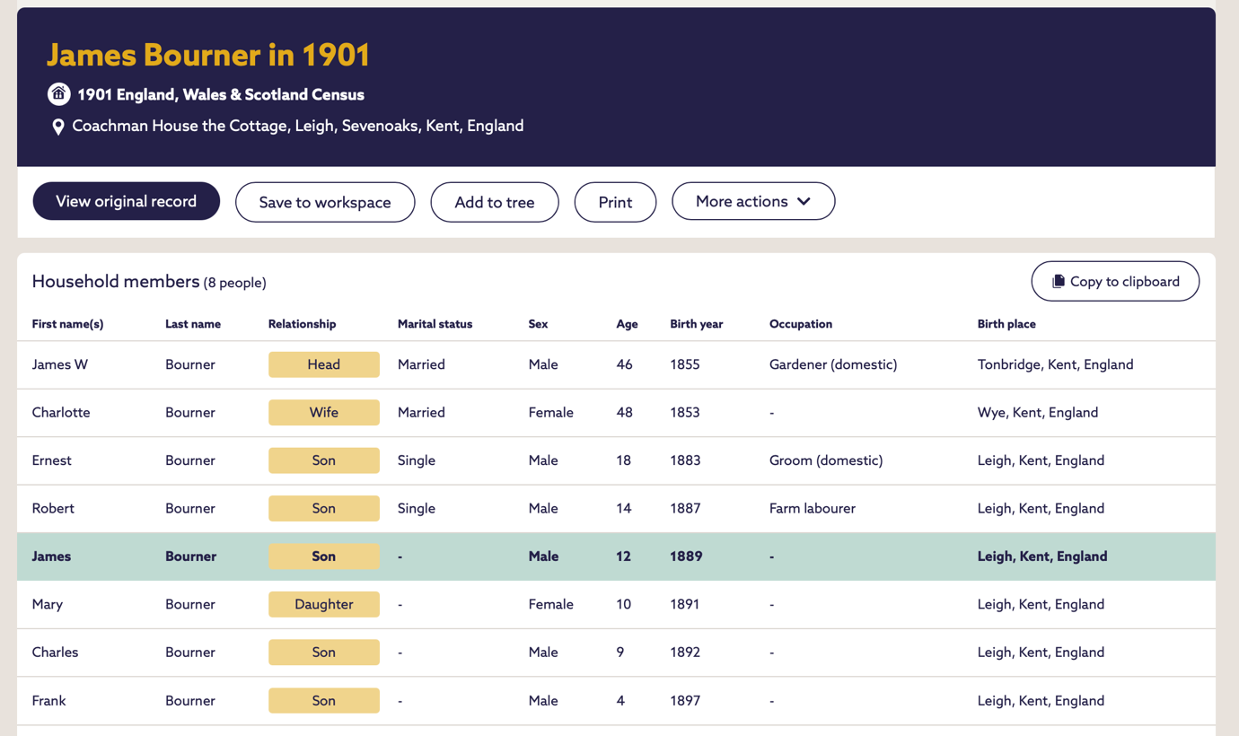 James Bourner in 1901: 1901 England, Wales & Scotland Census