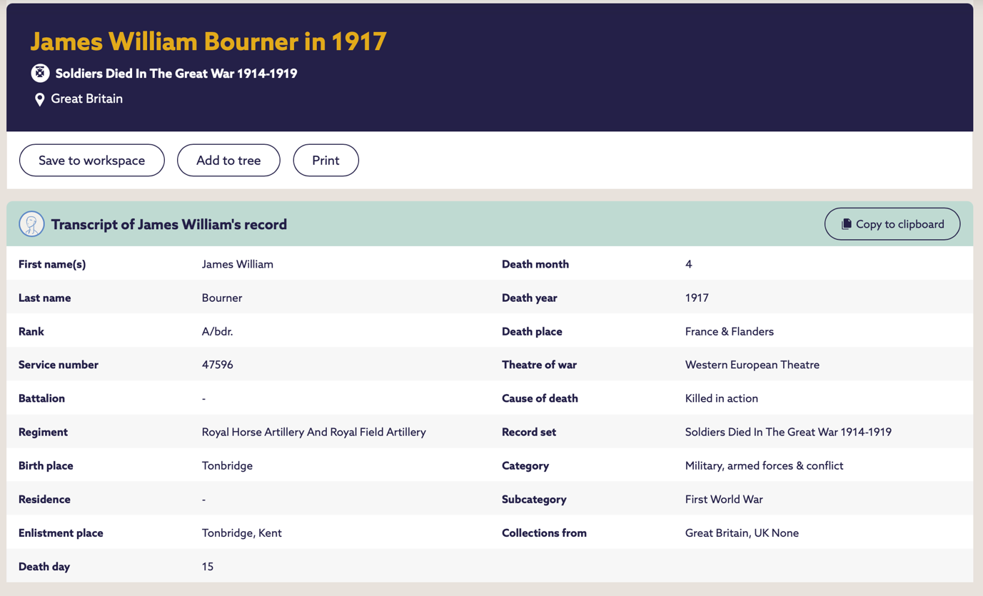 James William Bourner in 1917: Soldiers Died In The Great War 1914-1918